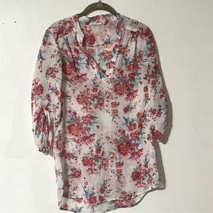 WISHFUL PARK Women Semi Sheer Floral Blouse V-Neck Roll Tab Sleeve Size Medium